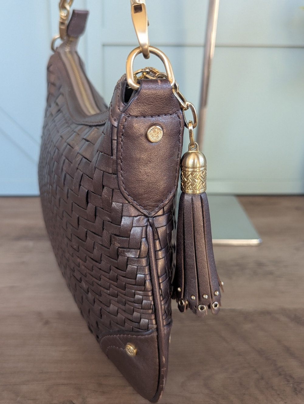 Cole Haan Bronze Woven Leather Shoulder Bag with Gold Chain - Picture 6 of 14